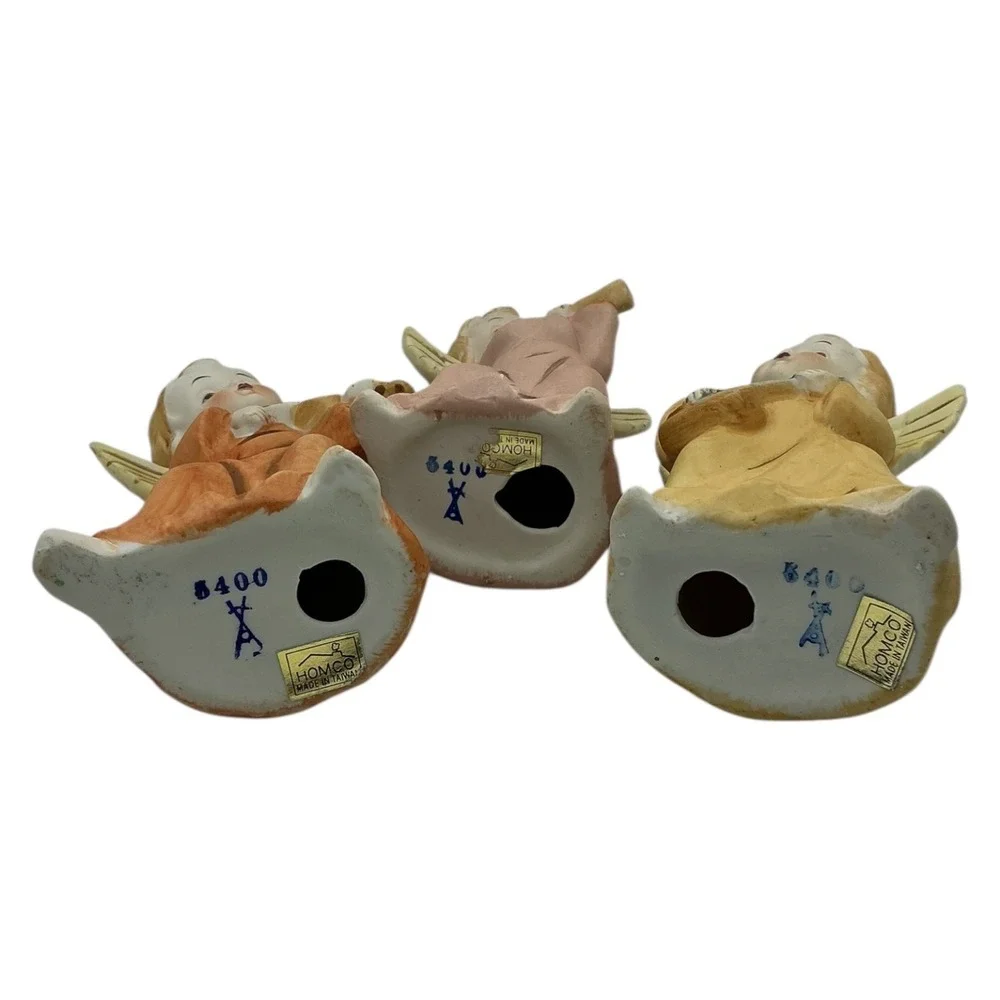 Homco 5400 Porcelain Angel Figurines Set of 3 Musical Instruments 6.25 in‎